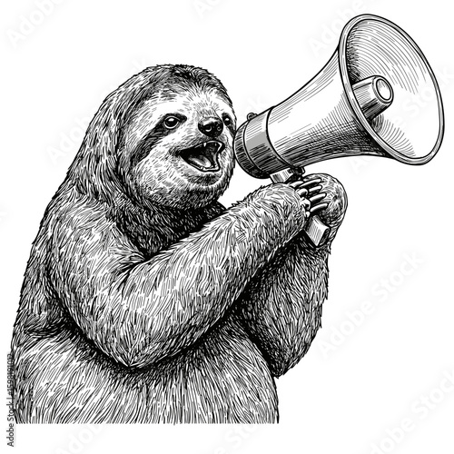 Sketch Bicho-preguiça vintage gritando em megafone desenho à mão retro ilustração em preto e branco vetor
