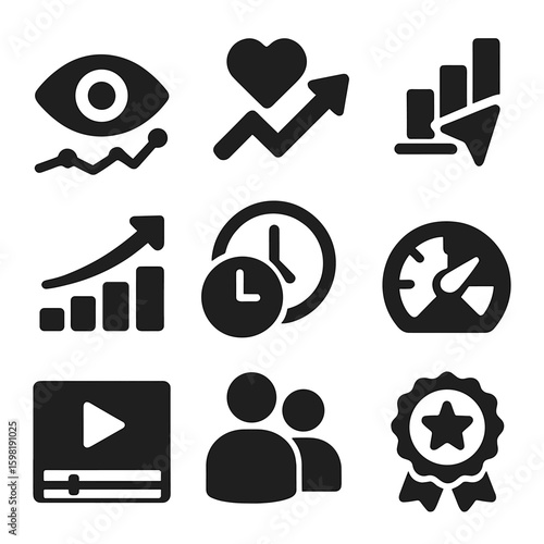 Analytics Icons Set. Solid style icons of analytics and insights: viewer graph, engagement rate icon, content reach bar, follower