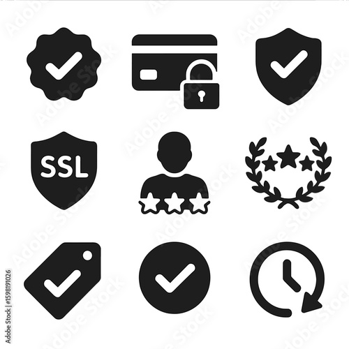 Verification and Trust Icons. Solid style icons of verification and trust: verified badge, secure payment lock, buyer protection