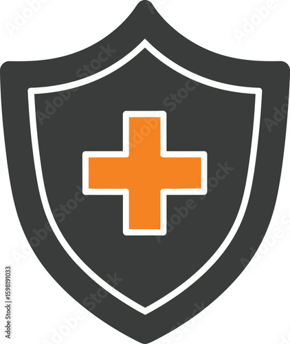 Dark gray shield graphic with a bright orange medical cross.