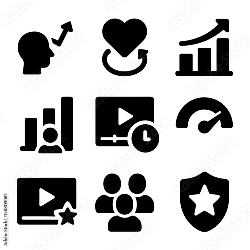 Analytics Icons Set. Solid style icons of analytics and insights: viewer graph, engagement rate icon, content reach bar, follower