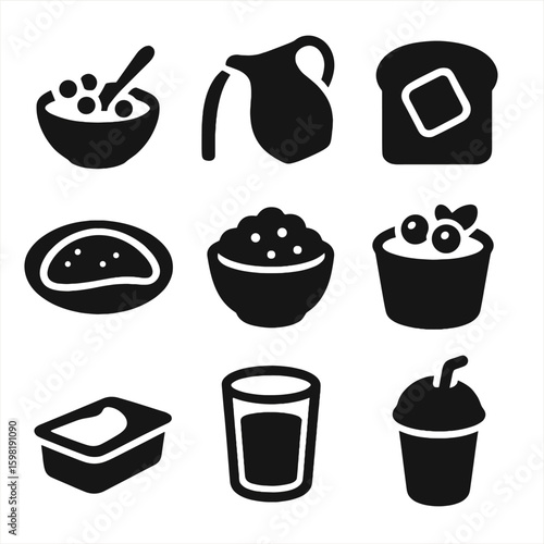 Solid Dairy Icons. Solid style icons of breakfast dairy items: cereal bowl with milk, milk jug pouring, buttered toast, cheese