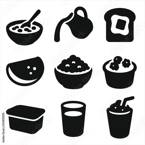 Solid Dairy Icons. Solid style icons of breakfast dairy items: cereal bowl with milk, milk jug pouring, buttered toast, cheese