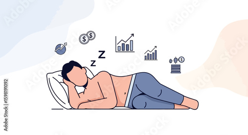 Man peacefully sleeping, dreaming of financial success, depicted with charts and money symbols.