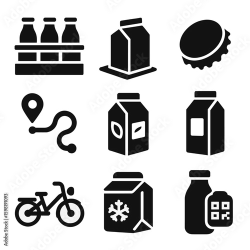Milk Delivery Icons. Solid style icons of milk delivery and packaging: glass milk bottles in crate, milk box doorstep, bottle cap