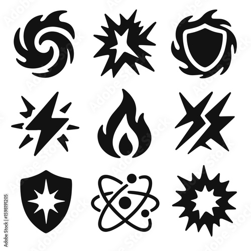 Abstract Energy Icons. Solid style icons of abstract energy shapes: swirling fire motion, chaotic spark form, shield encased in