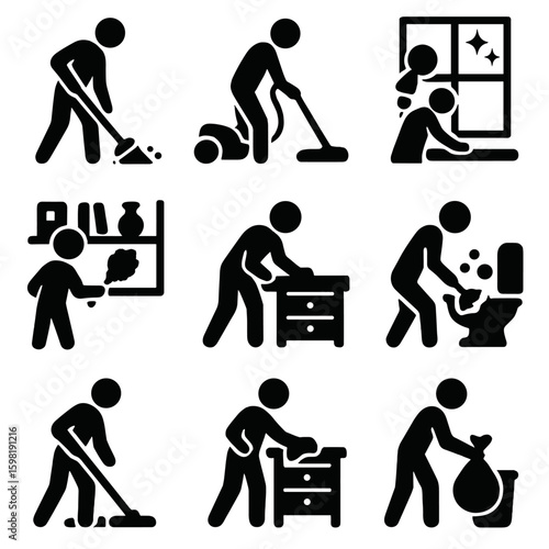 Home Cleaning Icons. Solid style icons of home cleaning tasks: sweeping floor, vacuuming carpet, dusting shelf, window cleaning,