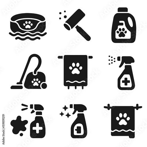 Pet Cleaning Icons. Solid style icons of pet laundry and cleaning: pet bed in wash, fur remover roller, animal-safe detergent, pet
