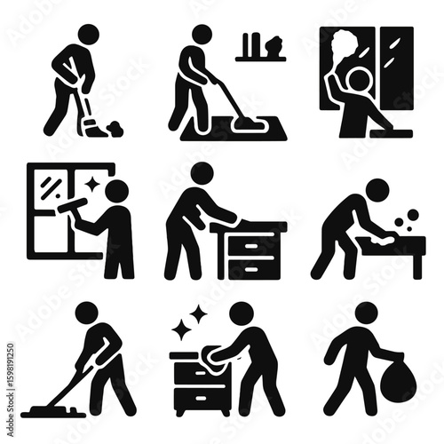 Home Cleaning Icons. Solid style icons of home cleaning tasks: sweeping floor, vacuuming carpet, dusting shelf, window cleaning,