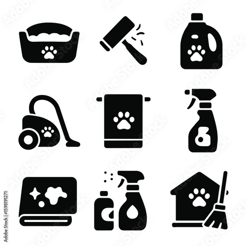 Pet Cleaning Icons. Solid style icons of pet laundry and cleaning: pet bed in wash, fur remover roller, animal-safe detergent, pet