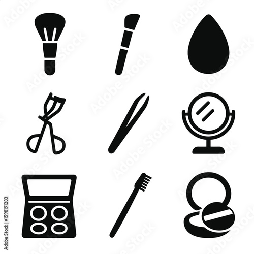 Cosmetic Beauty Tools Icons. Solid style icons of cosmetic beauty tools: powder brush, angled makeup brush, beauty blender sponge,