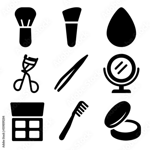 Cosmetic Beauty Tools Icons. Solid style icons of cosmetic beauty tools: powder brush, angled makeup brush, beauty blender sponge,
