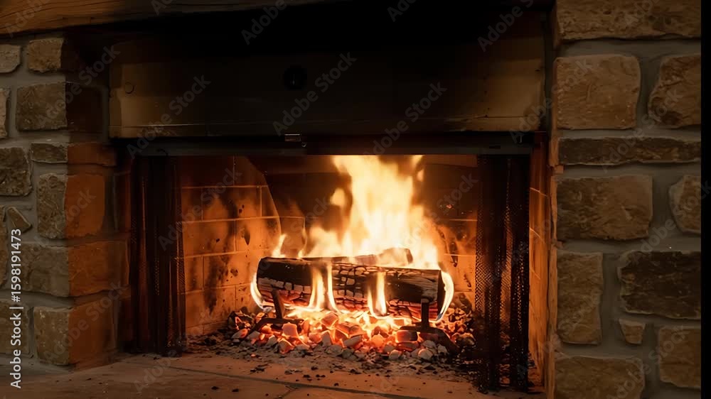 Cozy Fireplace Burning Wood, Warm Flames and Glowing Coals in Brick Stone Structure Cozy Fireplace Burning Wood, Warm Flames and Glowing Coals in Brick Stone Structure