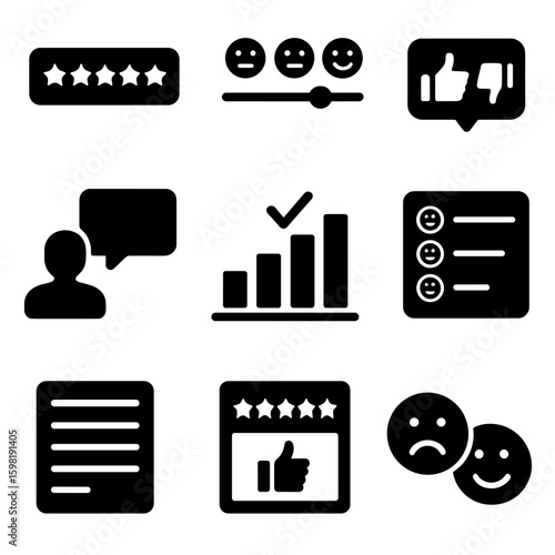Feedback Icons Collection. Solid style icons of feedback collection: star review card, emoji slider, thumbs feedback, user comment