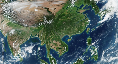 A realistic view of Planet Earth from space, focusing on the continent of Asia and surrounding oceans.