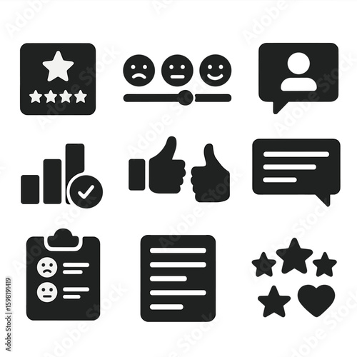 Feedback Icons Collection. Solid style icons of feedback collection: star review card, emoji slider, thumbs feedback, user comment