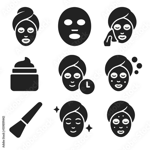 Face Mask Icons. Solid style icons of face masks and treatments: clay mask face, sheet mask icon, peel-off mask graphic, overnight