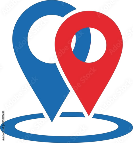 Two interconnected location markers, blue and red, signifying a connection or shared location.