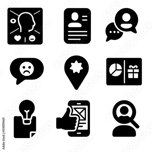User-Centered Design Icons. Solid style icons of user-centered innovation: empathy map icon, persona card, user feedback icon,
