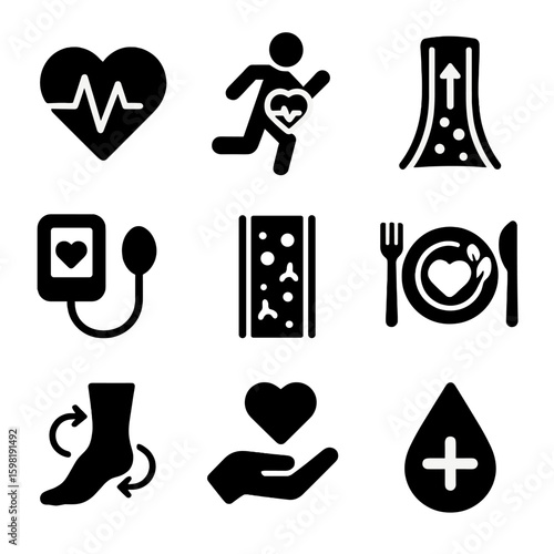 Heart Health Icons. Solid style icons of heart health and circulation: heart with pulse line, cardio activity icon, blood flow