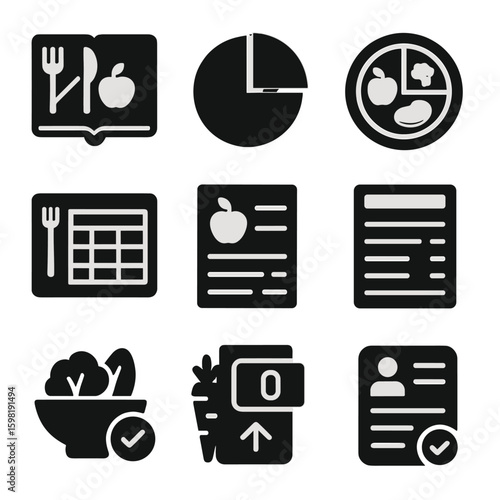 Dietary Planning Icons. Solid style icons of dietary planning: food diary, macro breakdown, portion plate, weekly meal planner,
