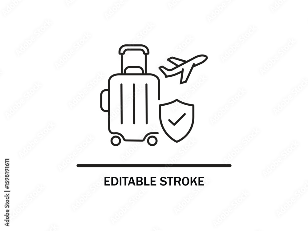 Minimalist travel insurance concept with suitcase and airplane in black and white line art. Minimalist travel insurance concept with suitcase and airplane in black and white line art.