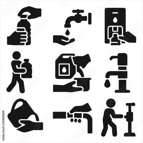 Water Tool Actions Icons. Solid style icons of actions with water tools: screwing cap on bottle, opening faucet, placing bottle