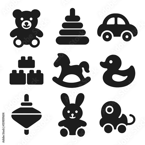 Children's Toy Icons. Solid style icons of children’s toys: teddy bear, stacking rings, toy car, building blocks, rocking horse,