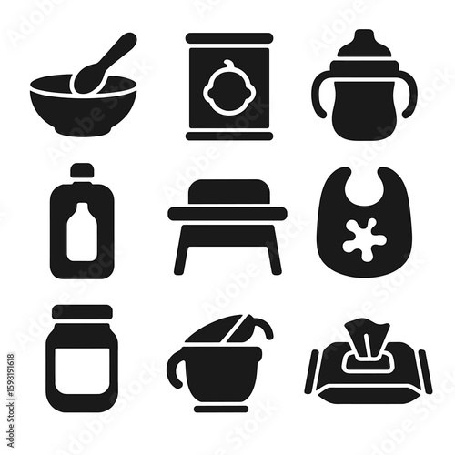 Baby Feeding Essentials Icons. Solid style icons of baby feeding essentials: spoon and bowl, formula tin, sippy cup, food pouch,