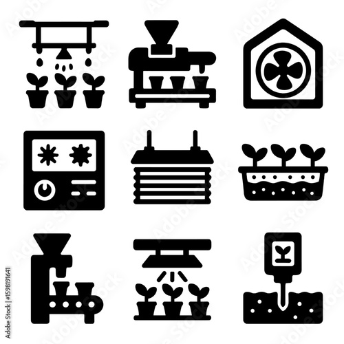 Greenhouse Tech Icons. Solid style icons of greenhouse and nursery tech: automatic irrigation rail, seeding line machine,
