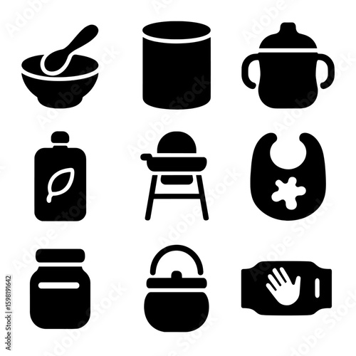 Baby Feeding Essentials Icons. Solid style icons of baby feeding essentials: spoon and bowl, formula tin, sippy cup, food pouch,
