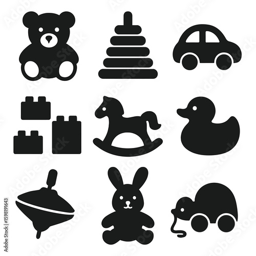 Children's Toy Icons. Solid style icons of children’s toys: teddy bear, stacking rings, toy car, building blocks, rocking horse,