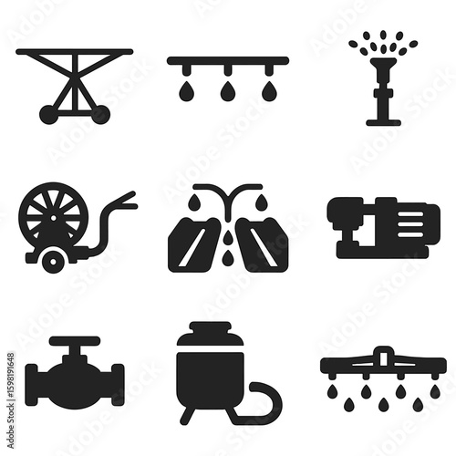 Irrigation System Icons. Solid style icons of irrigation systems: center pivot irrigator, drip irrigation pipe, overhead sprinkler