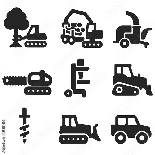 Forestry Machinery Icons. Solid style icons of forestry and rural machinery: tree cutter, log hauler, wood chipper, chainsaw