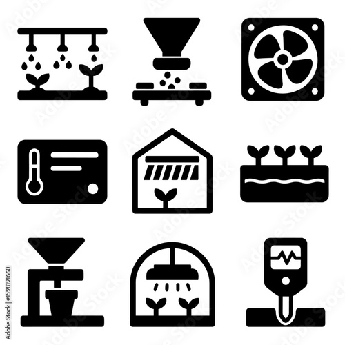 Greenhouse Tech Icons. Solid style icons of greenhouse and nursery tech: automatic irrigation rail, seeding line machine,