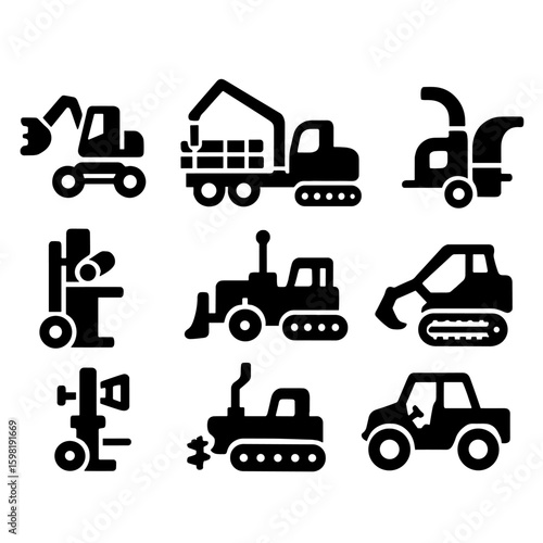 Forestry Machinery Icons. Solid style icons of forestry and rural machinery: tree cutter, log hauler, wood chipper, chainsaw