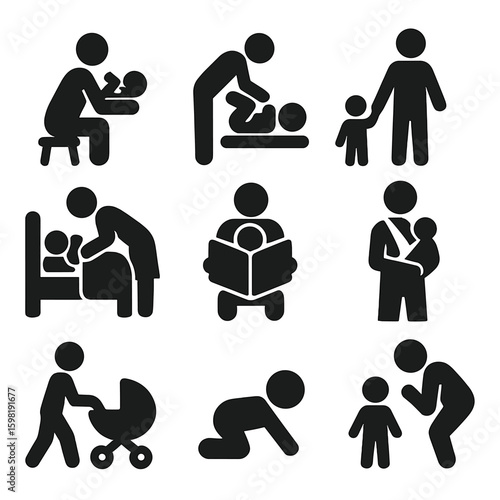 Parenting Icons Collection. Solid style icons of parenting and childcare: feeding baby with bottle, changing diaper, holding child
