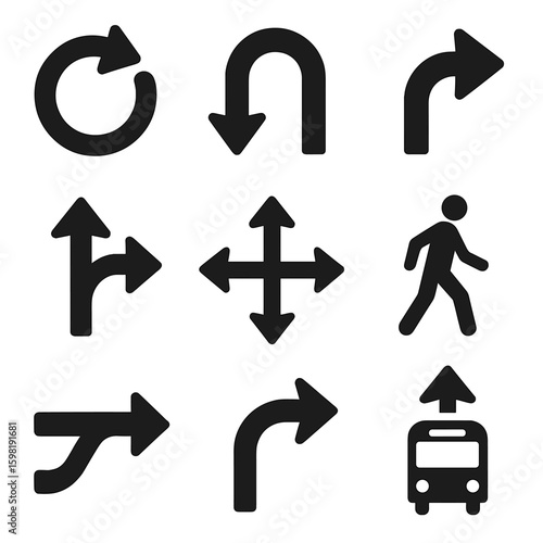 Traffic Direction Icons. Solid style icons of traffic and motion indicators: roundabout arrow, U-turn symbol, merge lane arrow,