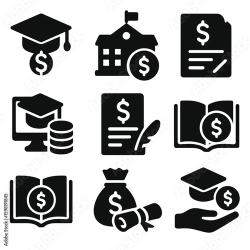 Education Funding Icons. Solid style icons of education funding concepts: graduation cap with dollar sign, school building and