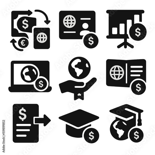 International Student Finance Icons. Solid style icons of international student finance: currency exchange with passport, visa fee
