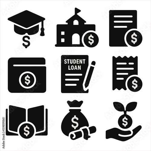 Education Funding Icons. Solid style icons of education funding concepts: graduation cap with dollar sign, school building and