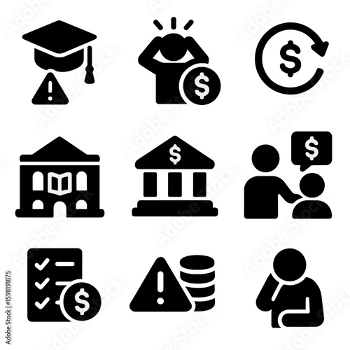 University Financial Icons. Solid style icons of challenges and support systems: high tuition alert, financial stress icon,