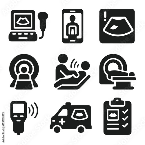 Emergency Scan Icons. Solid style icons of emergency scan and triage tools: field ultrasound kit, mobile triage scanner, urgent