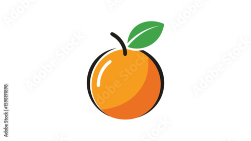 Illustration of a single orange fruit with a green leaf and a black stem on white background