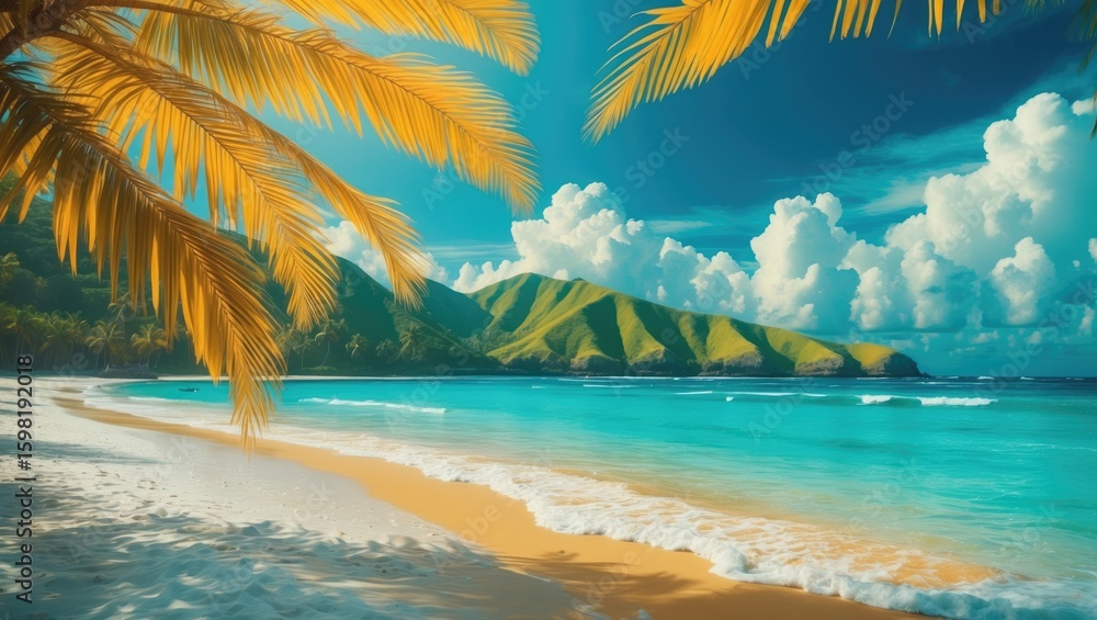 Fototapeta premium Tropical beach scene with palm leaves, crystal clear water, sandy shore, lush green mountains, and bright blue sky with fluffy clouds.