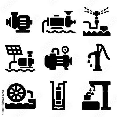 Water Pump Icons. Solid style icons of water and irrigation pumps: shallow well pump icon, surface irrigation pump, sprinkler pump