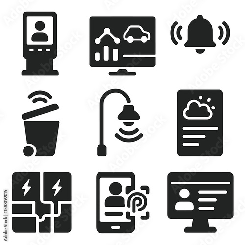 Public Service Icons. Solid style icons of public service and infrastructure technology: connected public kiosk, traffic data