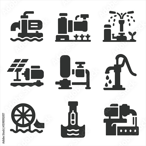 Water Pump Icons. Solid style icons of water and irrigation pumps: shallow well pump icon, surface irrigation pump, sprinkler pump