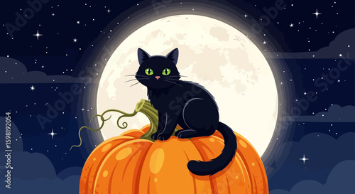 A black cat sits atop an orange pumpkin against a backdrop of a full moon and starry night sky.