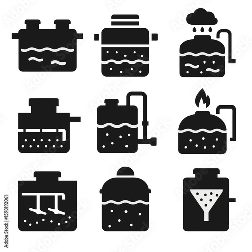 Tank System Icons. Solid style icons of environmental and wastewater tanks: septic system tank, greywater holding tank, stormwater